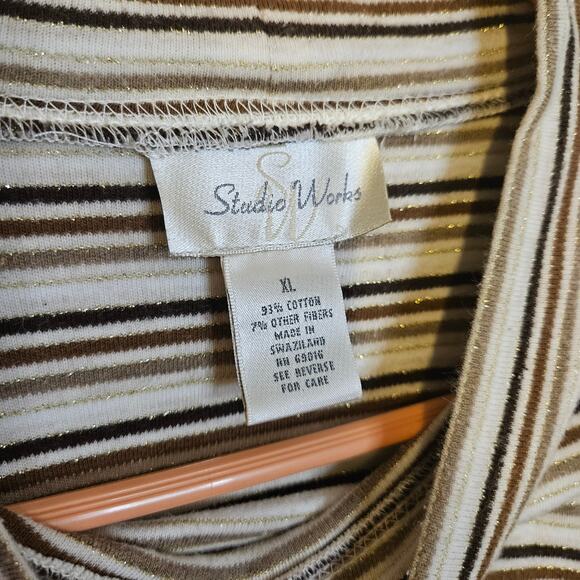 Studio Works Size Extra Large XL Striped Stripes Brown White Cotton Mock Neck - Picture 4 of 8
